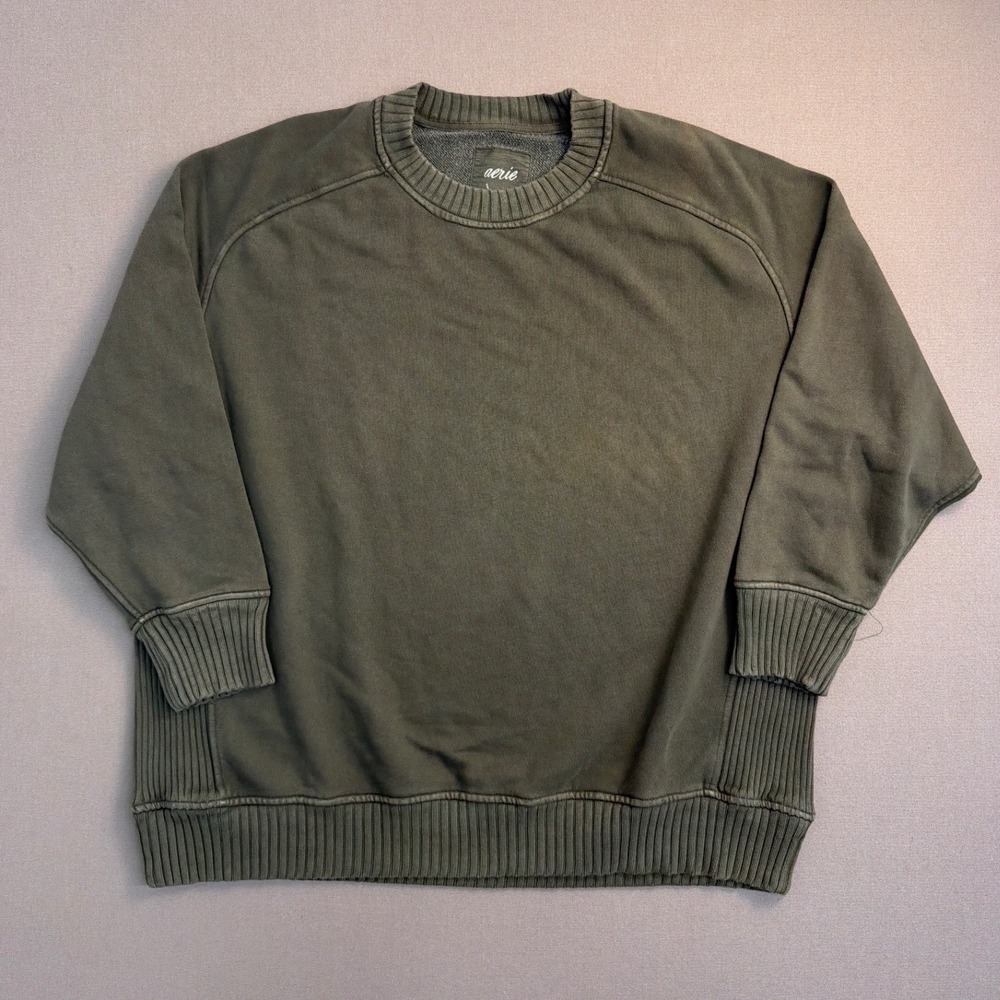 Aerie Womens Olive Green Ribbed Side Panel Crewneck Sweatshirt Size Large L